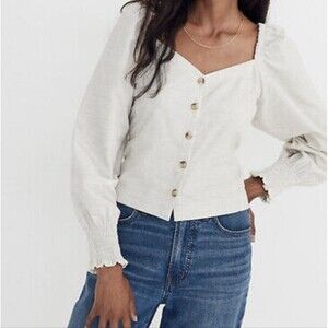 Madewell Corduroy Sweetheart Smocked-Back Top Melange Grey Beige Size 14